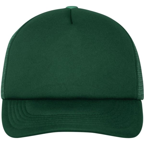 A green 5 Panel Polyester Mesh Trucker cap with a structured front and mesh back. It features a logo on the front.