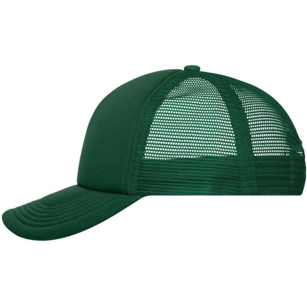 A green 5 panel polyester mesh trucker cap with a solid front and mesh sides, featuring a logo.