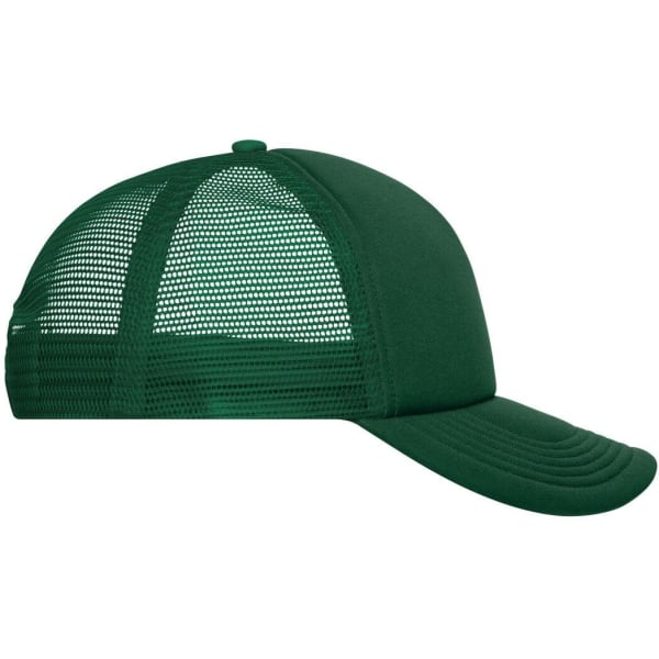 A green 5 Panel Polyester Mesh Trucker cap with a mesh back and a curved peak, featuring a logo on the front.