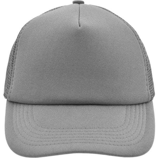 A grey 5 panel polyester mesh trucker cap featuring a solid front and mesh sides, with a flat brim and an adjustable back.