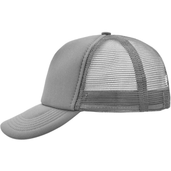 A grey 5 panel polyester mesh trucker cap with a solid front and mesh back. Features a logo on the front.