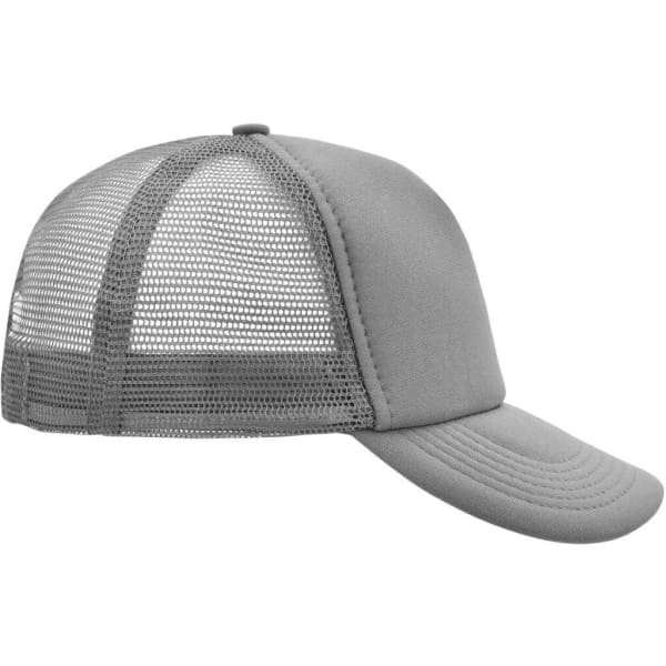 A grey 5 Panel Polyester Mesh Trucker hat featuring a mesh back and a curved brim, with a logo present.