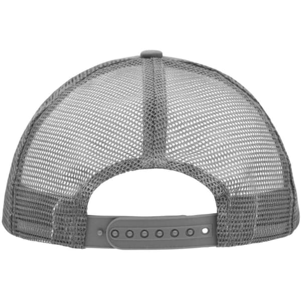 A grey 5-panel polyester mesh trucker cap featuring a snapback closure and a branded logo on the back.