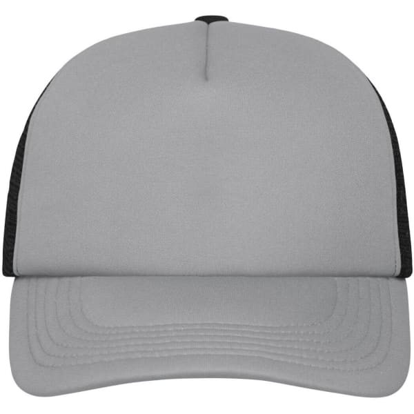 A grey 5-panel polyester mesh trucker cap with black mesh panels and a structured front. Features a logo.
