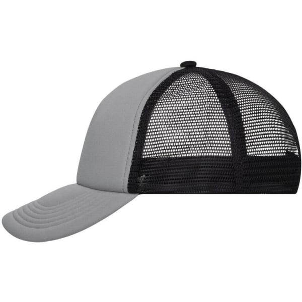 A grey 5 Panel Polyester Mesh Trucker cap with a black mesh back and an adjustable strap.