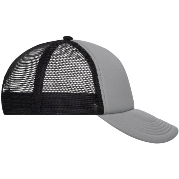 A grey 5 panel trucker cap with a black mesh back and a curved brim. It features a logo on the front.
