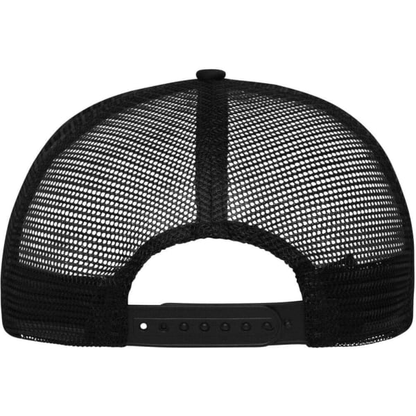 A black 5-panel polyester mesh trucker cap featuring a mesh back and adjustable snap closure.