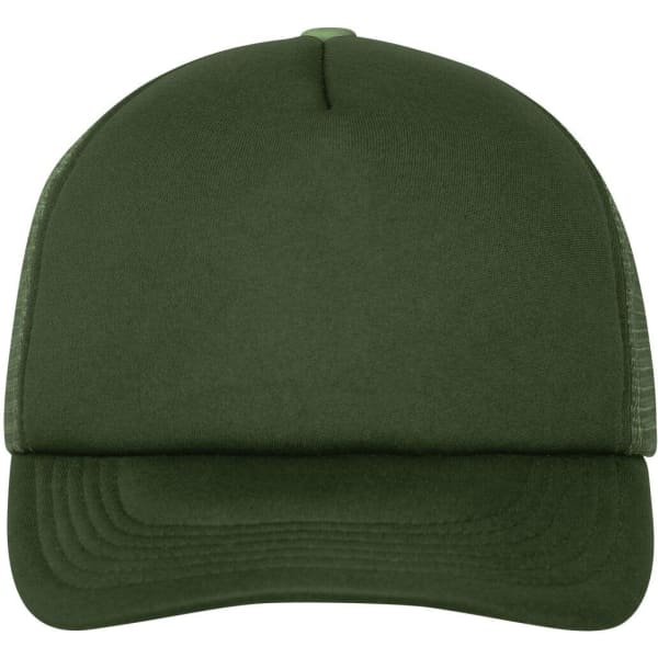 A green 5 Panel Polyester Mesh Trucker cap with a plain front and mesh sides.