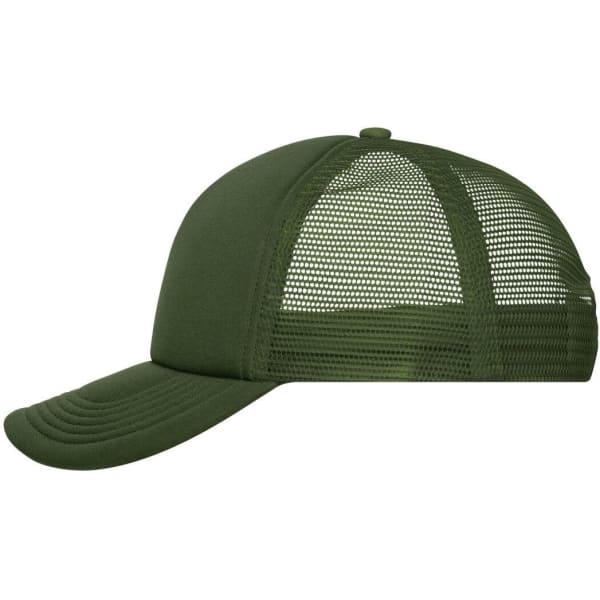 A green 5-panel polyester mesh trucker cap with a curved visor and a mesh back. It features branding.