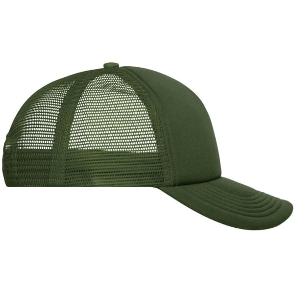 A green 5-panel polyester mesh trucker cap with a solid front and mesh back, featuring a logo.