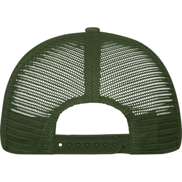 An olive green 5 Panel Polyester Mesh Trucker hat featuring a mesh back and adjustable strap.