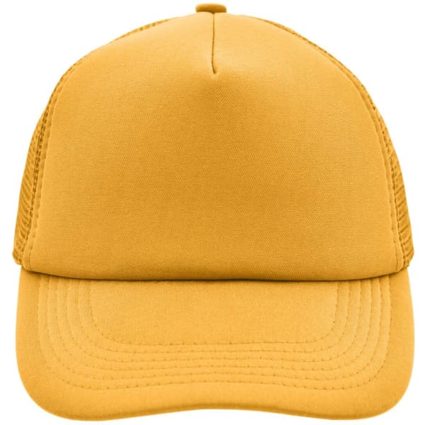 A yellow 5 Panel Polyester Mesh Trucker hat with a solid front and mesh sides, featuring a logo.