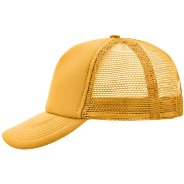 A yellow 5 Panel Polyester Mesh Trucker cap with a mesh back and a curved brim, featuring a logo.