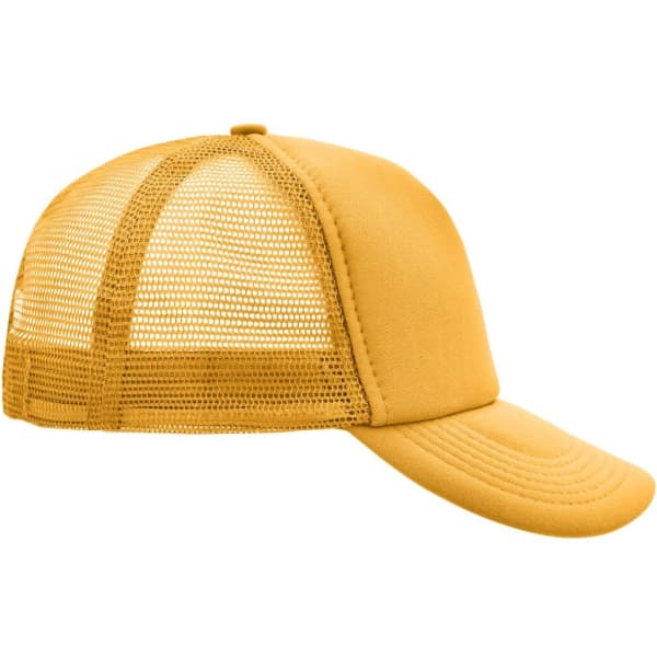 A yellow 5 Panel Polyester Mesh Trucker cap featuring a mesh back and a structured design.