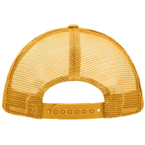 A yellow 5 panel polyester mesh trucker hat with a snapback closure, featuring a mesh design for ventilation.