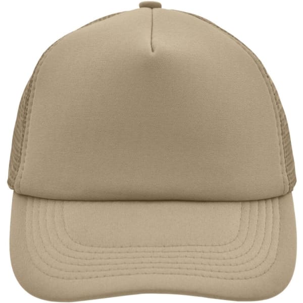 A beige 5 panel polyester mesh trucker cap with a rounded crown and a solid front panel. It features a logo.