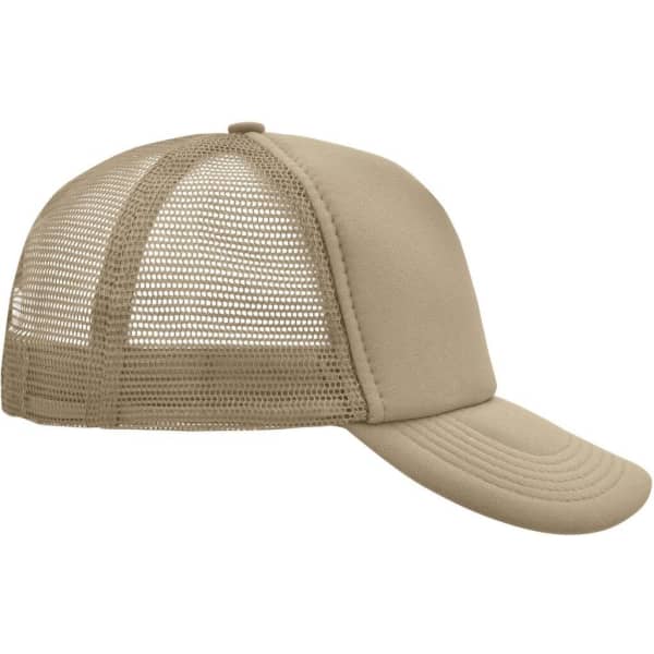 A beige 5 Panel Polyester Mesh Trucker cap featuring a mesh back and a stitched visor, with a logo on the front.