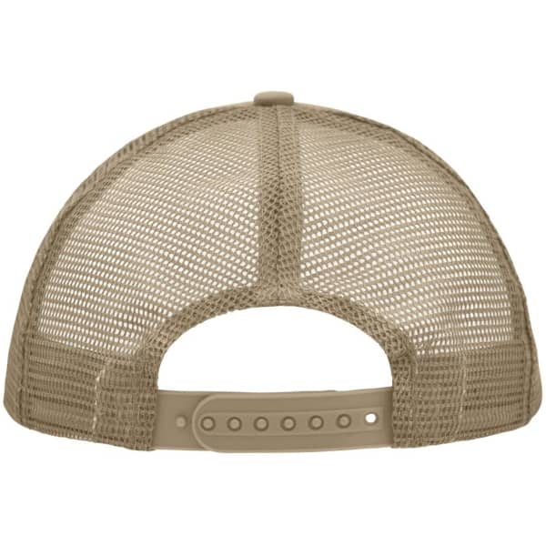 A beige 5 Panel Polyester Mesh Trucker cap featuring a mesh back and an adjustable strap.