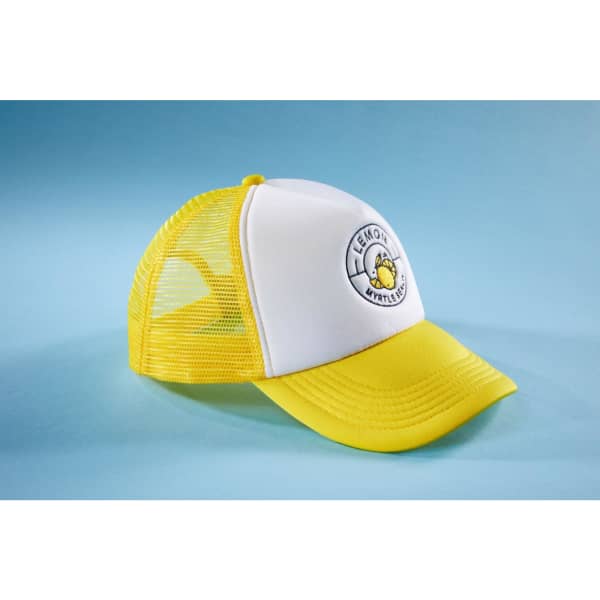 A yellow and white 5 Panel Polyester Mesh Trucker cap with a logo on the front and mesh sides.