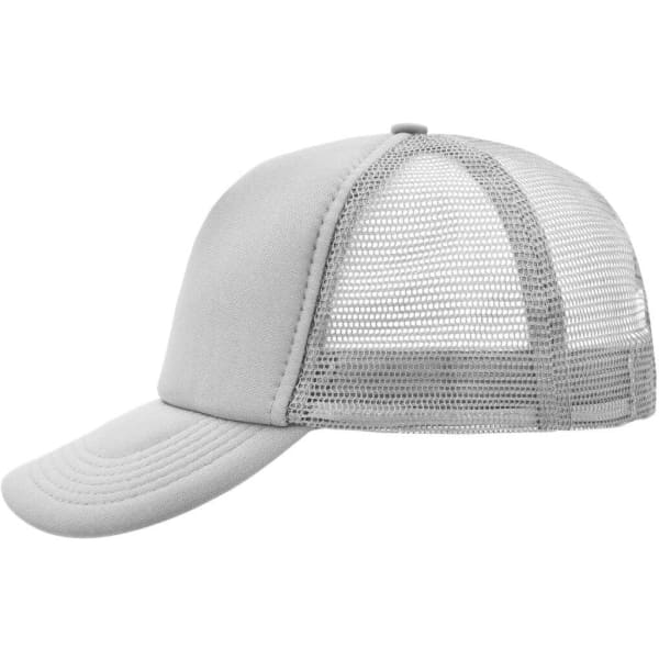 A grey 5 panel polyester mesh trucker cap with a solid front and mesh back. It has a curved brim and features a logo.