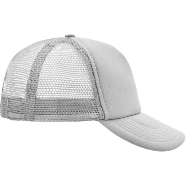 A grey 5 Panel Polyester Mesh Trucker cap with a mesh back and a curved brim, featuring a logo.