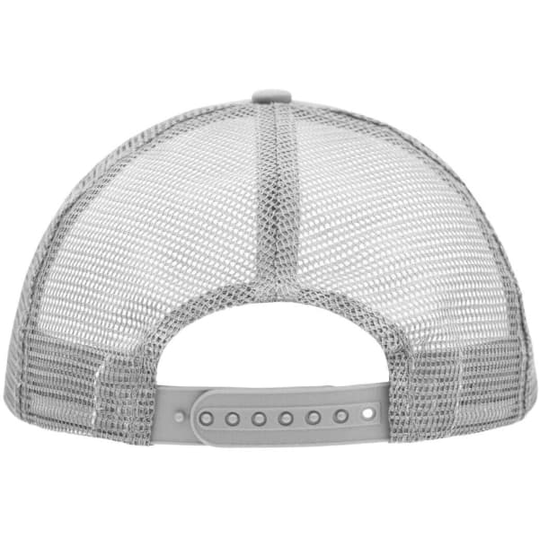 A grey 5 panel polyester mesh trucker cap featuring a mesh back and an adjustable strap.