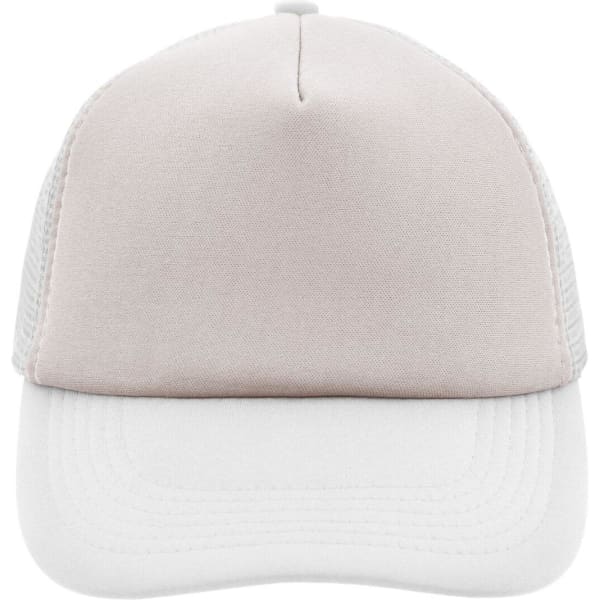 A beige and white 5-panel polyester mesh trucker cap with a solid front and mesh sides.