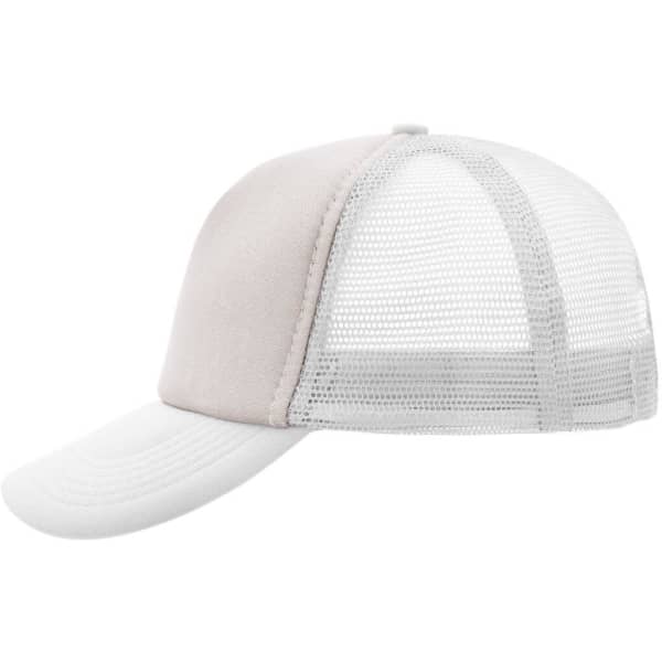 A light grey and white 5 panel polyester mesh trucker cap featuring a logo on the front and mesh back.