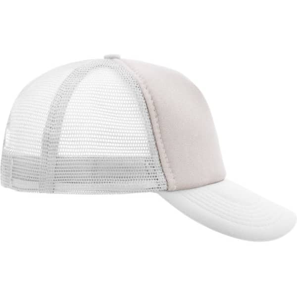 A cap featuring a light grey front and white mesh panels, designed with a curved brim and a logo.