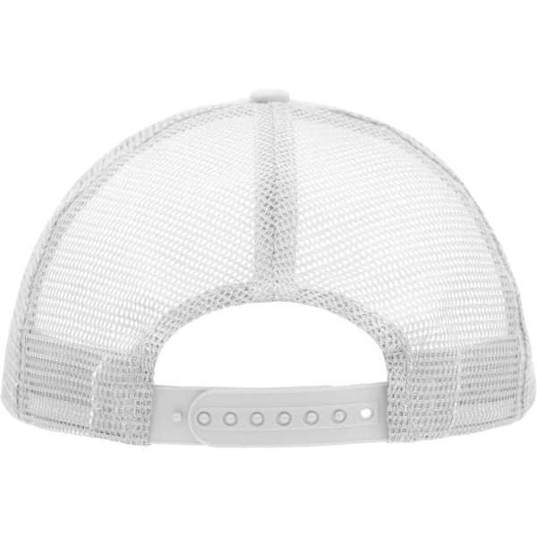 A white 5 panel polyester mesh trucker cap featuring a plastic snapback and mesh detailing at the rear.