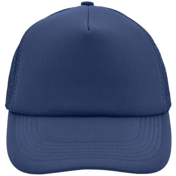 A navy blue 5 Panel Polyester Mesh Trucker cap featuring a solid front and mesh sides, with a logo.