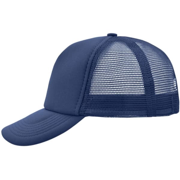 A navy blue 5 Panel Polyester Mesh Trucker cap with a mesh back and a curved brim. It features a logo.
