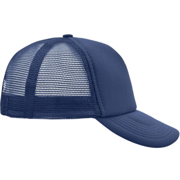 A navy blue 5 Panel Polyester Mesh Trucker cap with a mesh back and curved visor, featuring a logo.