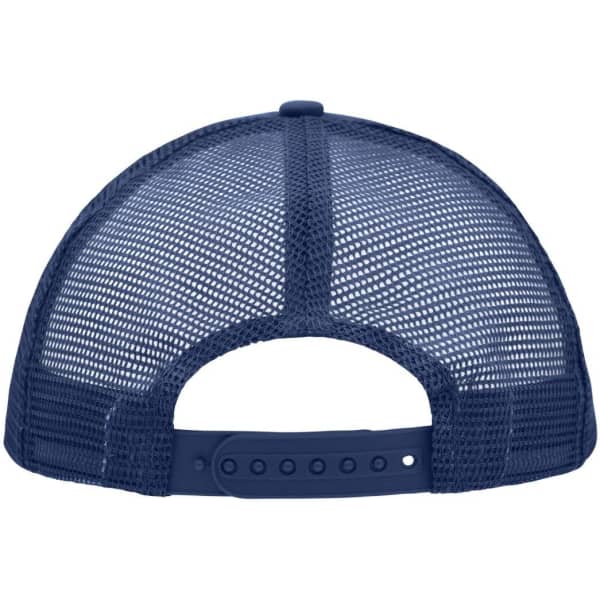 A navy blue 5 Panel Polyester Mesh Trucker cap featuring a mesh back and an adjustable strap. It has a logo present.