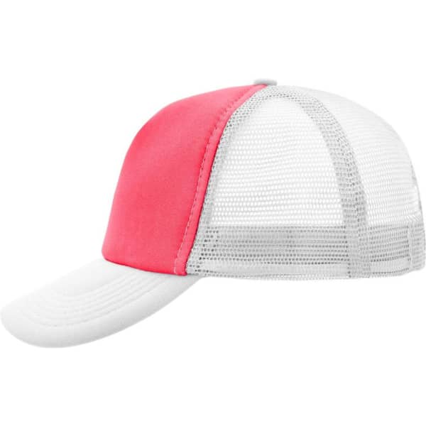 A pink and white 5 panel polyester mesh trucker hat with a curved brim and a mesh back. It features a logo.