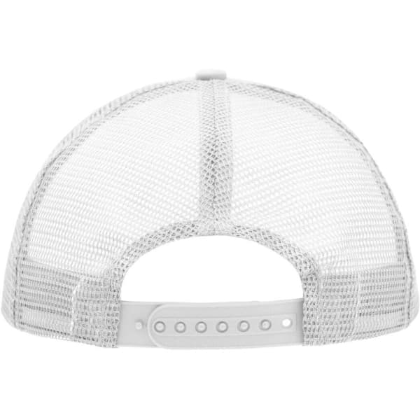 A grey 5 Panel Polyester Mesh Trucker cap featuring a mesh back and an adjustable strap.