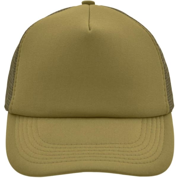 A khaki 5-panel polyester mesh trucker cap with a structured front and breathable mesh sides. It features a logo.