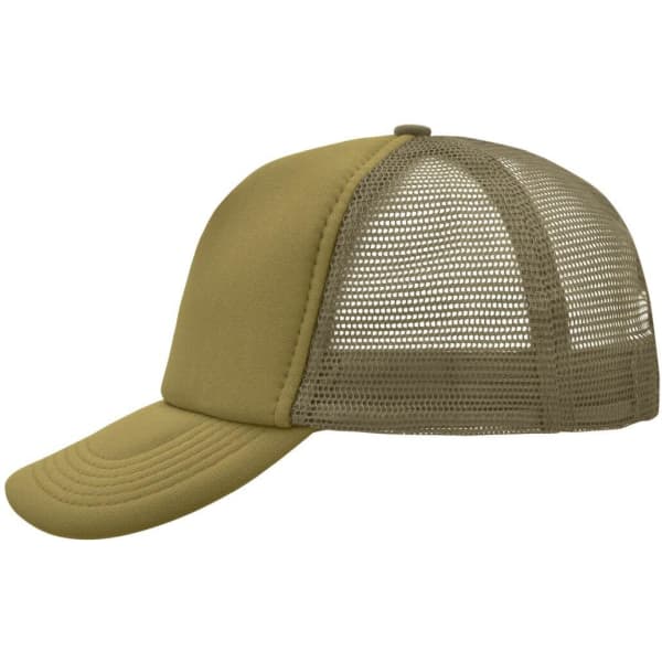 A khaki 5 Panel Polyester Mesh Trucker cap with a mesh back and a structured front panel.