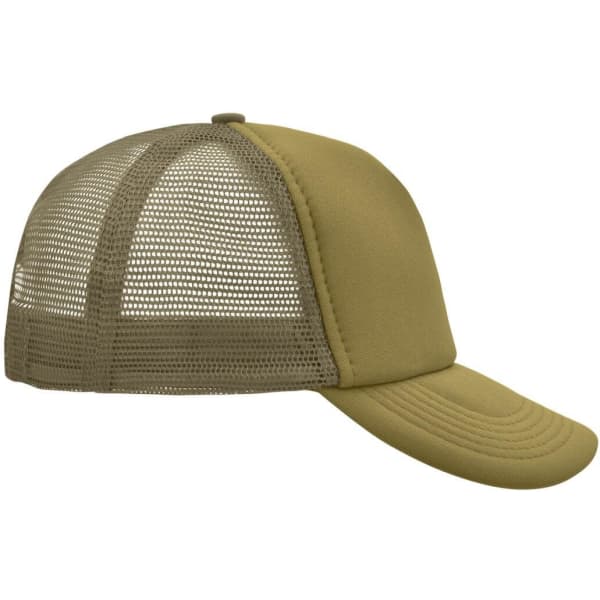 A khaki 5-panel polyester mesh trucker cap with a curved brim and mesh back for ventilation.