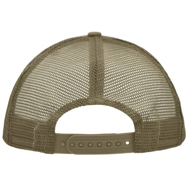 A five-panel trucker cap in tan with a polyester mesh back and adjustable strap, featuring a logo.