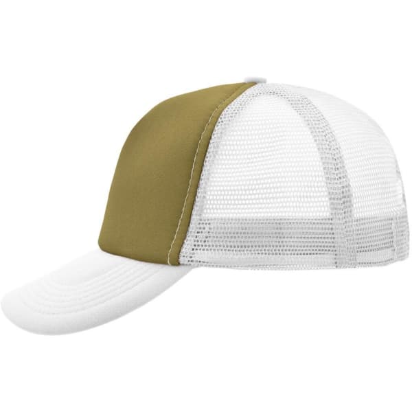 A khaki and white 5-panel polyester mesh trucker cap with a structured front and mesh sides.