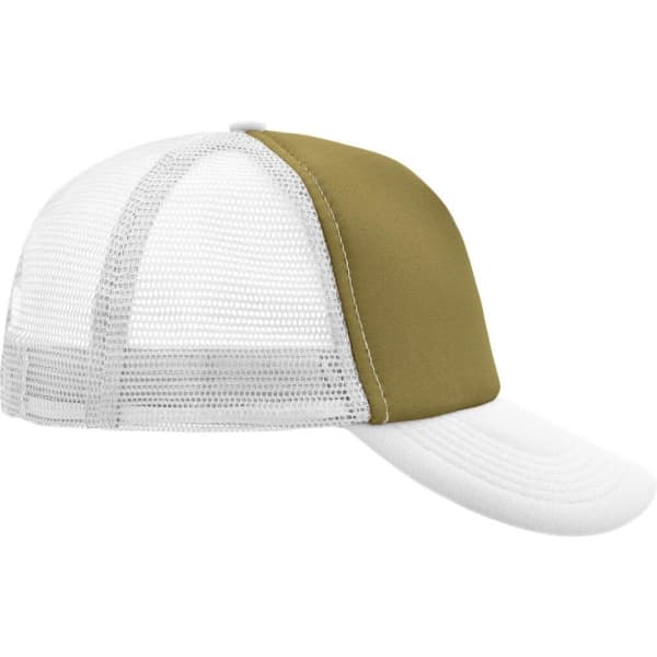 A 5 panel trucker cap featuring a white mesh back and a khaki front panel. The cap has a logo on it.