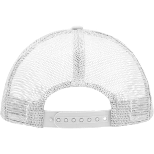 A white five-panel polyester mesh trucker cap with a plastic snapback closure at the rear.