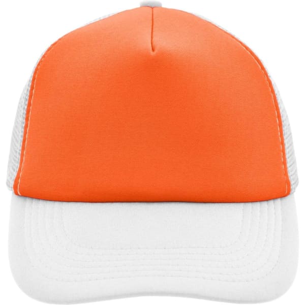 An orange and white 5 panel polyester mesh trucker cap with a logo on the front.
