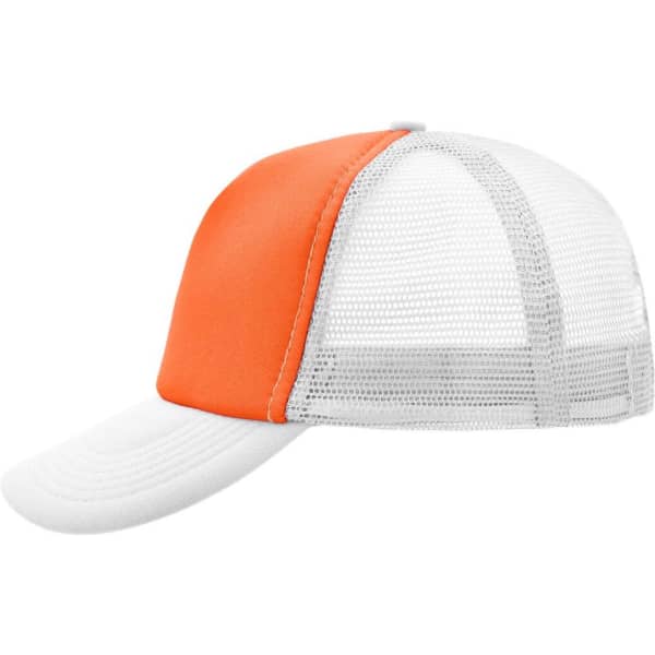 An orange and white 5 panel polyester mesh trucker cap featuring a mesh back and a curved brim.