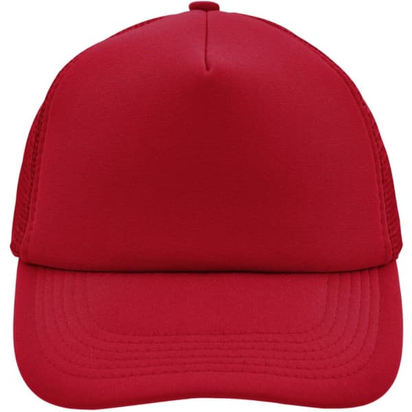 A red 5 Panel Polyester Mesh Trucker cap with a smooth front and mesh sides, featuring a logo.