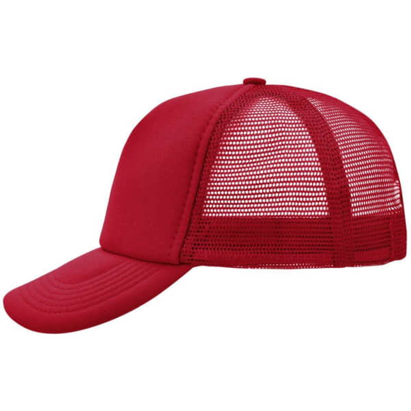 A red 5-panel polyester mesh trucker hat featuring a solid front and mesh back. It has a curved brim and a logo.
