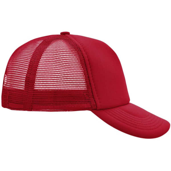 A red 5-panel polyester mesh trucker cap with a solid front and mesh sides.