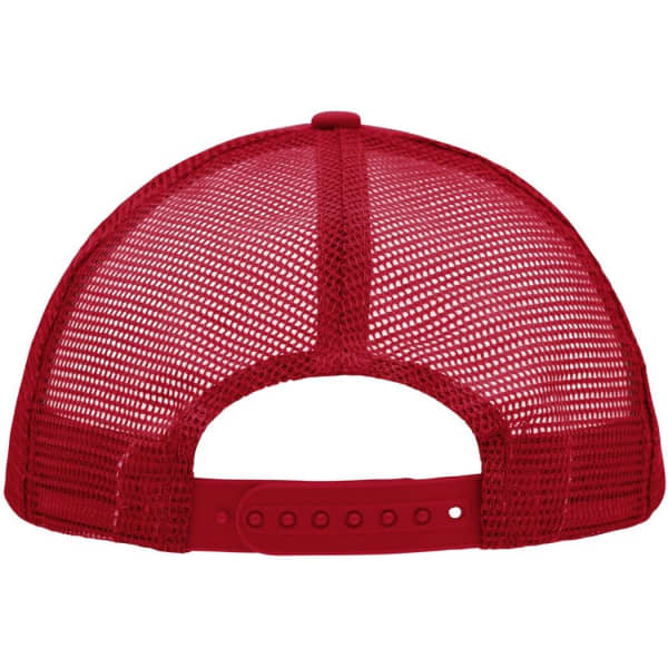 A red 5 panel polyester mesh trucker cap featuring a mesh back and an adjustable strap.