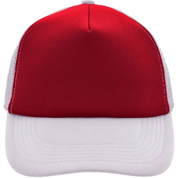 A red and white 5-panel polyester mesh trucker cap, featuring a logo on the front.